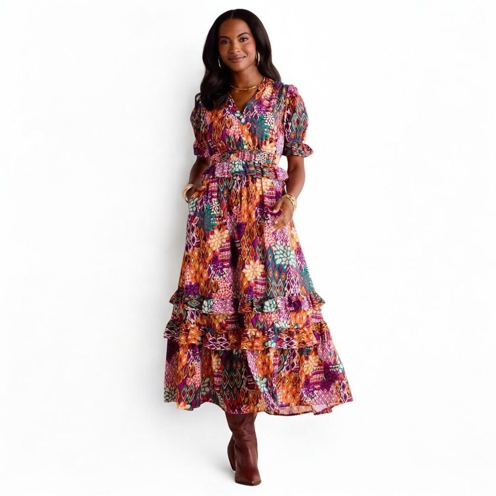 AVARA Boutique Mya Colorful Tribal Mix‎ Print Maxi Dress Ruffle Puff Sleeve XXL